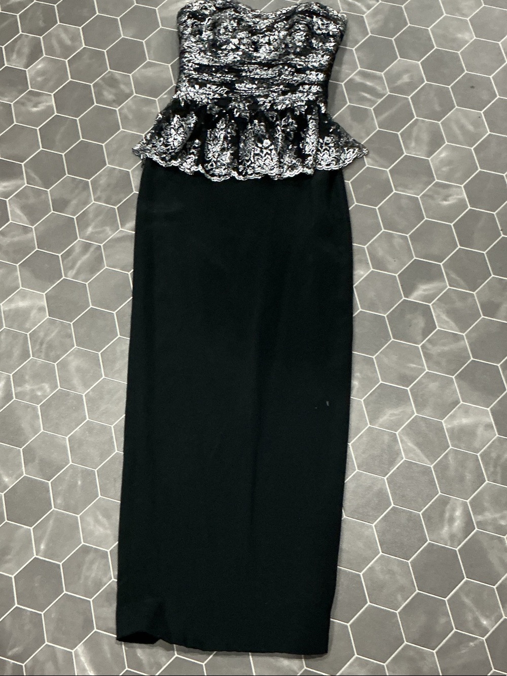 Strapless Black Maxi Skirt with Silver Lace Peplum